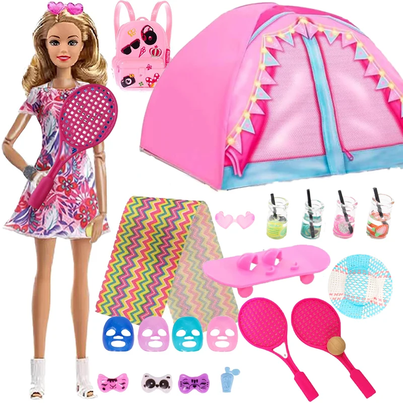 11.5inch Girl Dolls Camping Tent Set and Accessories Including 11.5 Inch Doll Camping Tent Clothes Set Laptops Pet Ski Mask etc