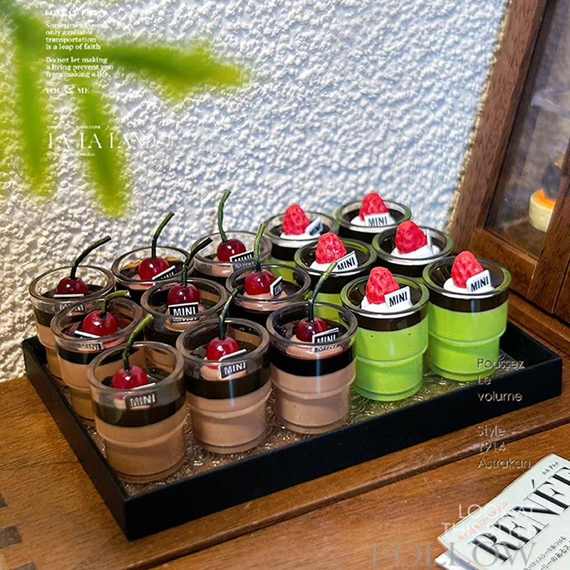 1 buah miniatur rumah boneka Cherry stroberi Mousse cangkir minuman makanan penutup mainan Model alat peraga fotografi aksesoris