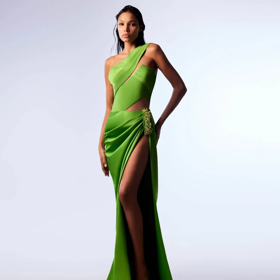 تخصيص أزياء الساتان مستقيم واحد الكتف شرابة فساتين السهرة أكمام لوحة قطار سستة الظهر العودة للوطن الدكتور #3