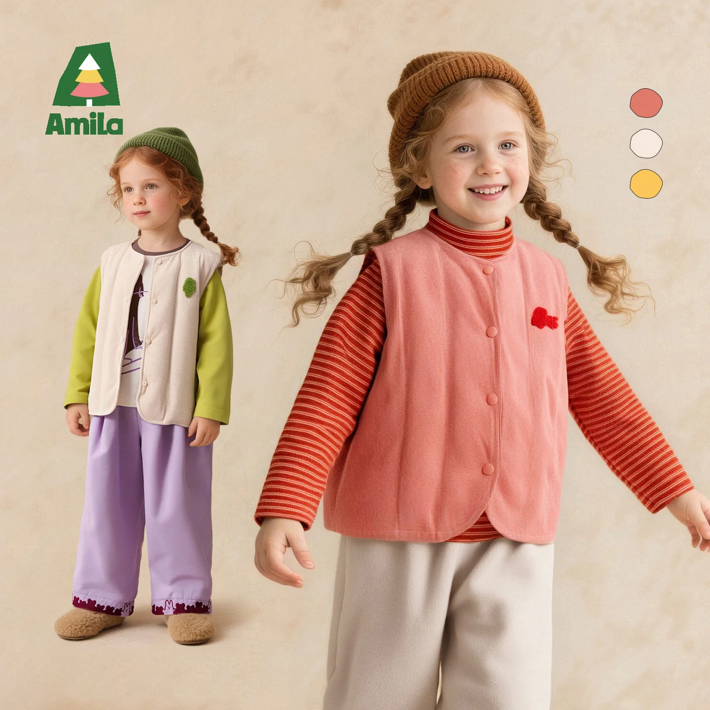 Amila 2026 Kids Winter Children's Down Vest, Pink, Beige, Yellow, Warm Filled Duck Down Sleeveless Jacket For Easy Layering