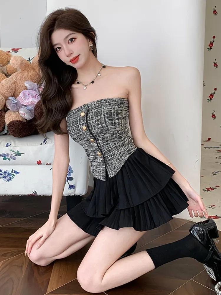 

Sexy Sweet Two-Piece Set Strapless Crop Top And Cake Skirt Pants High-End Feelings Women's Fashion Summer Elastic Short Sleeve