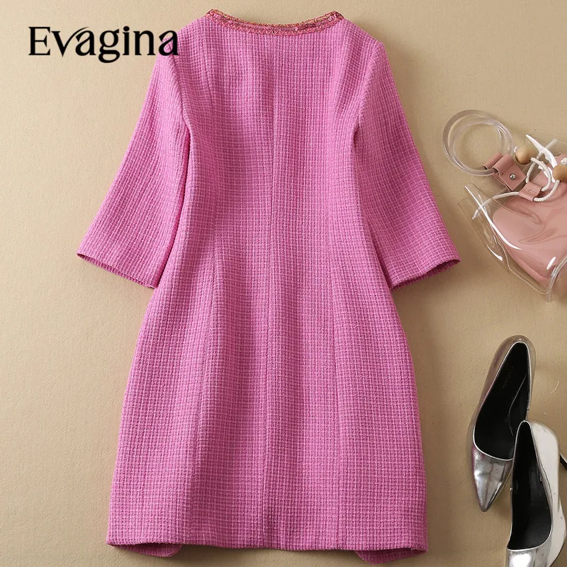 Evagina 2024 New Fashion Runway Designer Women's Autumn And Winter Sequin Nail Beads Button Retro Style Pink Tweed Dress