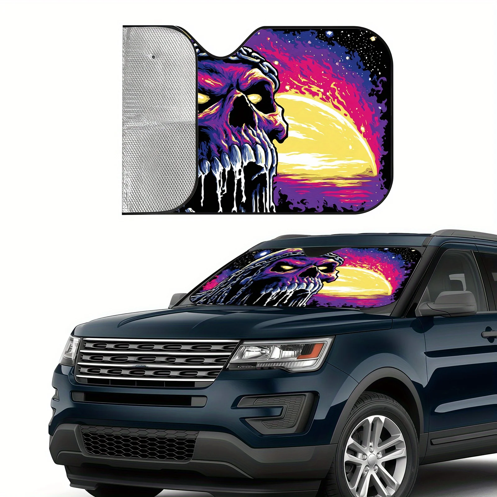 The Cosmic Starry Sky Skull Car Sunshade Features A Magical Chain Design With A Galaxy Theme, Complete With A Powerful Suction C