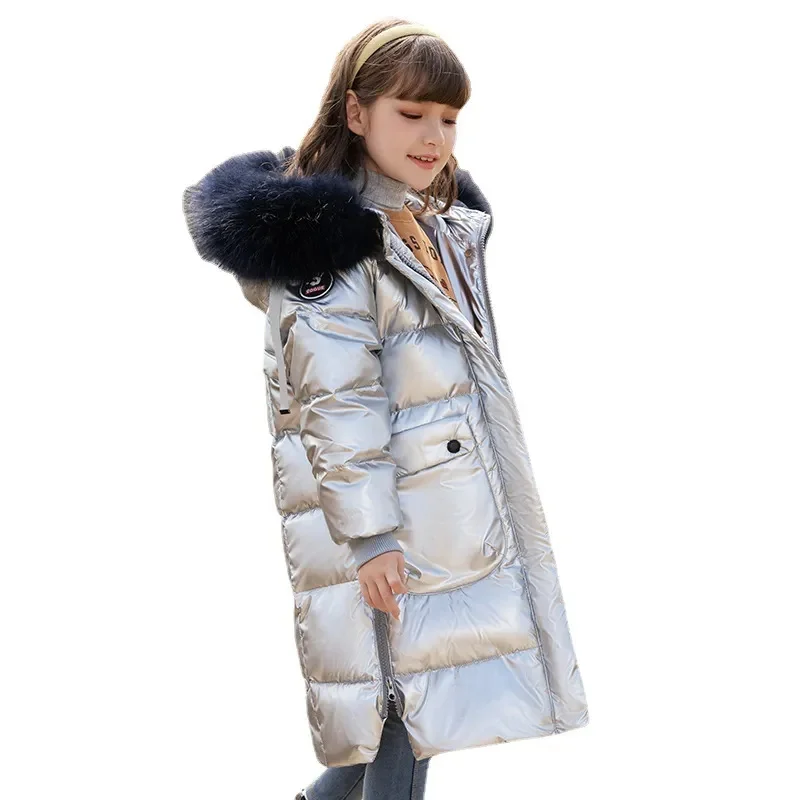 Girls Down Jacket Winter Fashion New Tops with Fur Collar Mid-length Teens Clothing Bright Surface Thick Warm Outerwear 5-14 Yrs