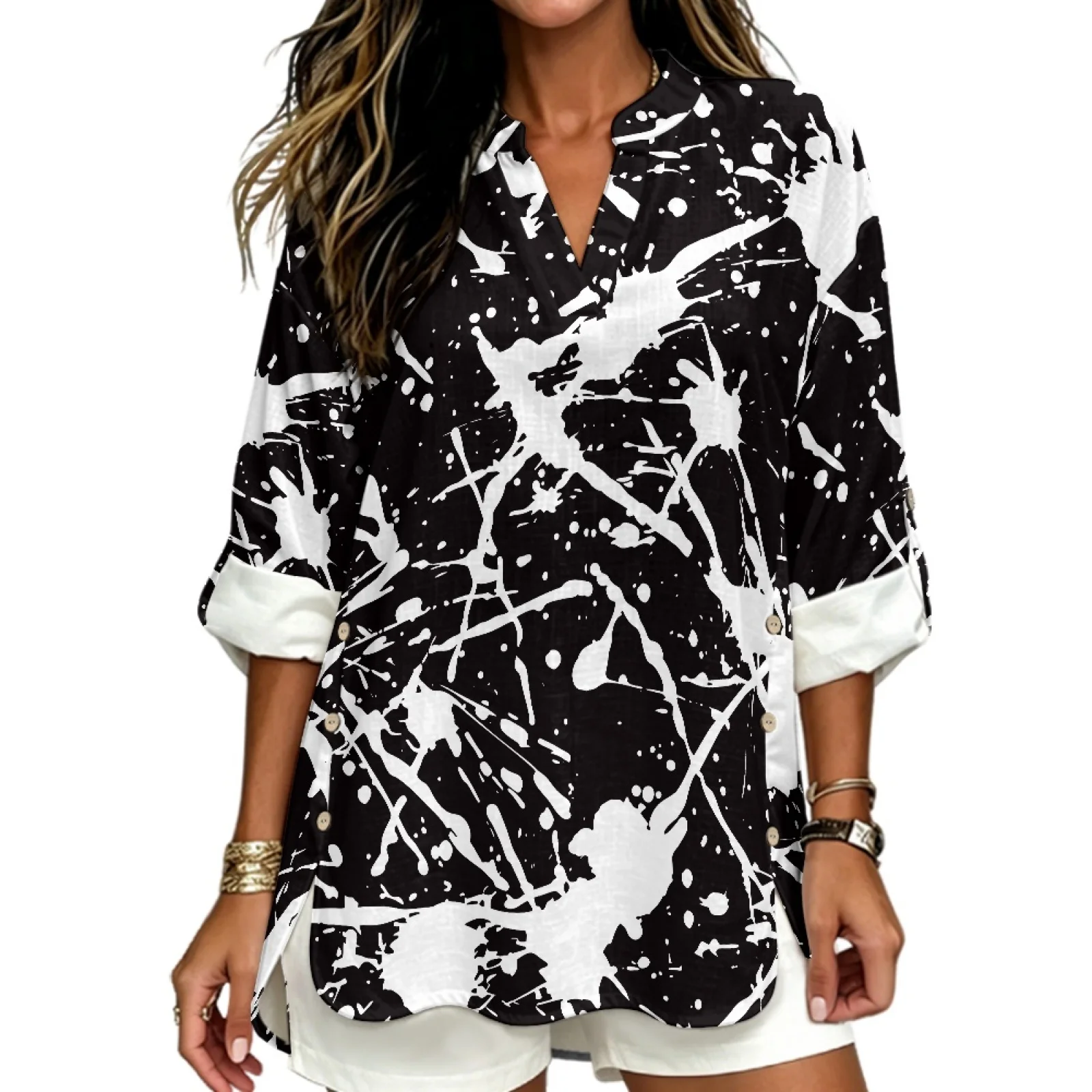 PENSTROLL Side Slit Linen Like Ladies Tops and Blouses Roll-Up Casual Blouses for Summer Abstract Paint