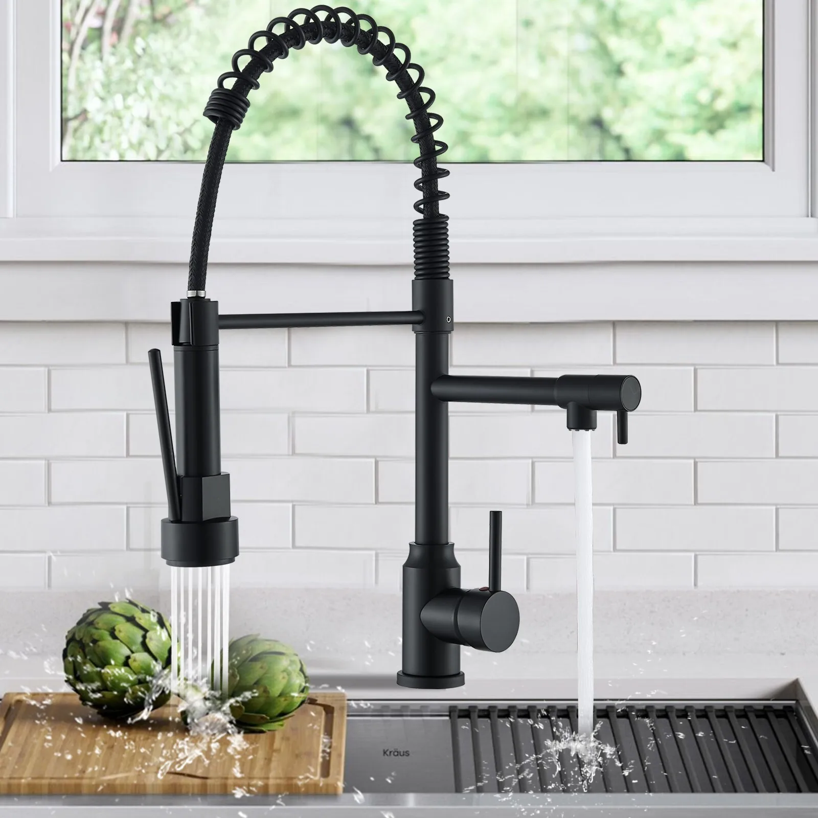 

Matte Black Kitchen Faucet with Pull Down Sprayer Swivel Spout Single Handle Sink Mixer Tap Modern Design High Arc Neck