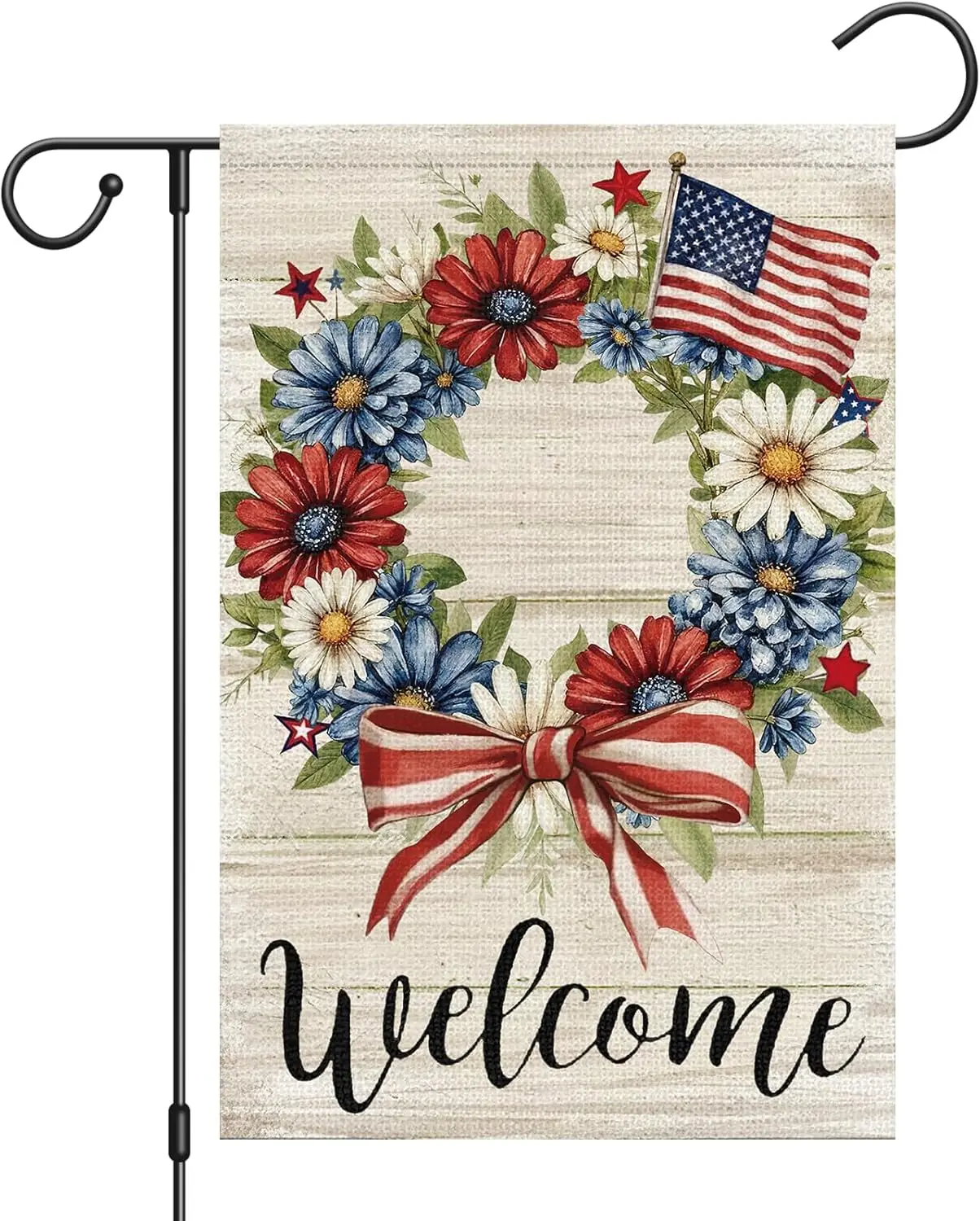 Heyfibro Patriotic Floral Wreath Welcome Garden Flag 12x18 Double Sided Burlap, 4th of July American Flag and Daisy Floral R AAS