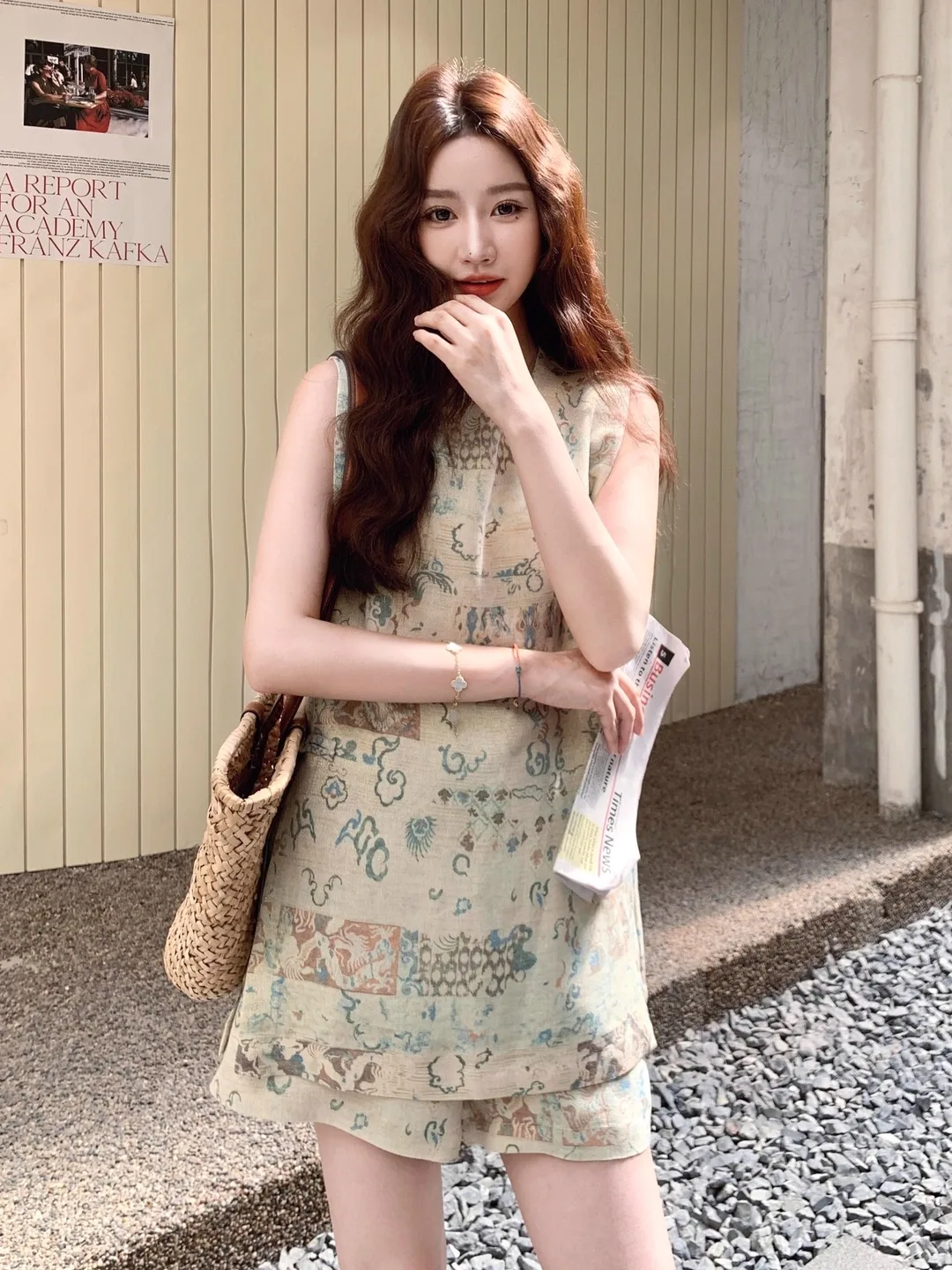 Retro Chinese Sle Printed Side Button Set Women's Summer Design round Ne Svel Vest orts Two Piece Set