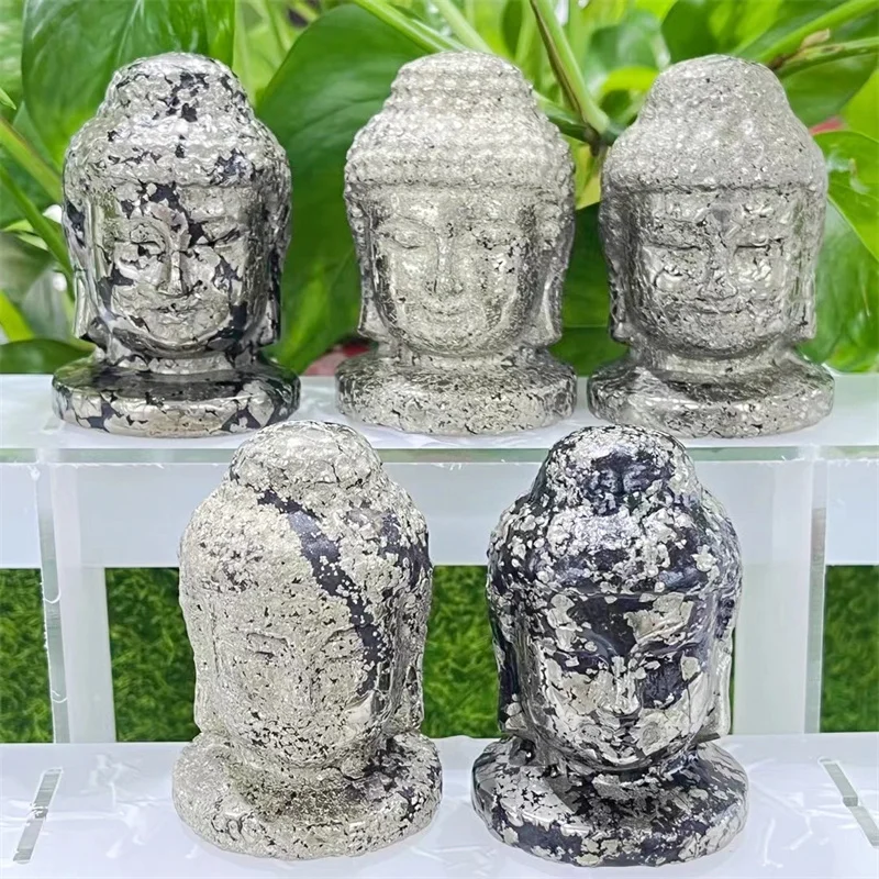 Natural Pyrite Buddha Head Carving Mini Statue Feng Shui Gemstone Crafts Home Decoration Gift 1pcs 6CM