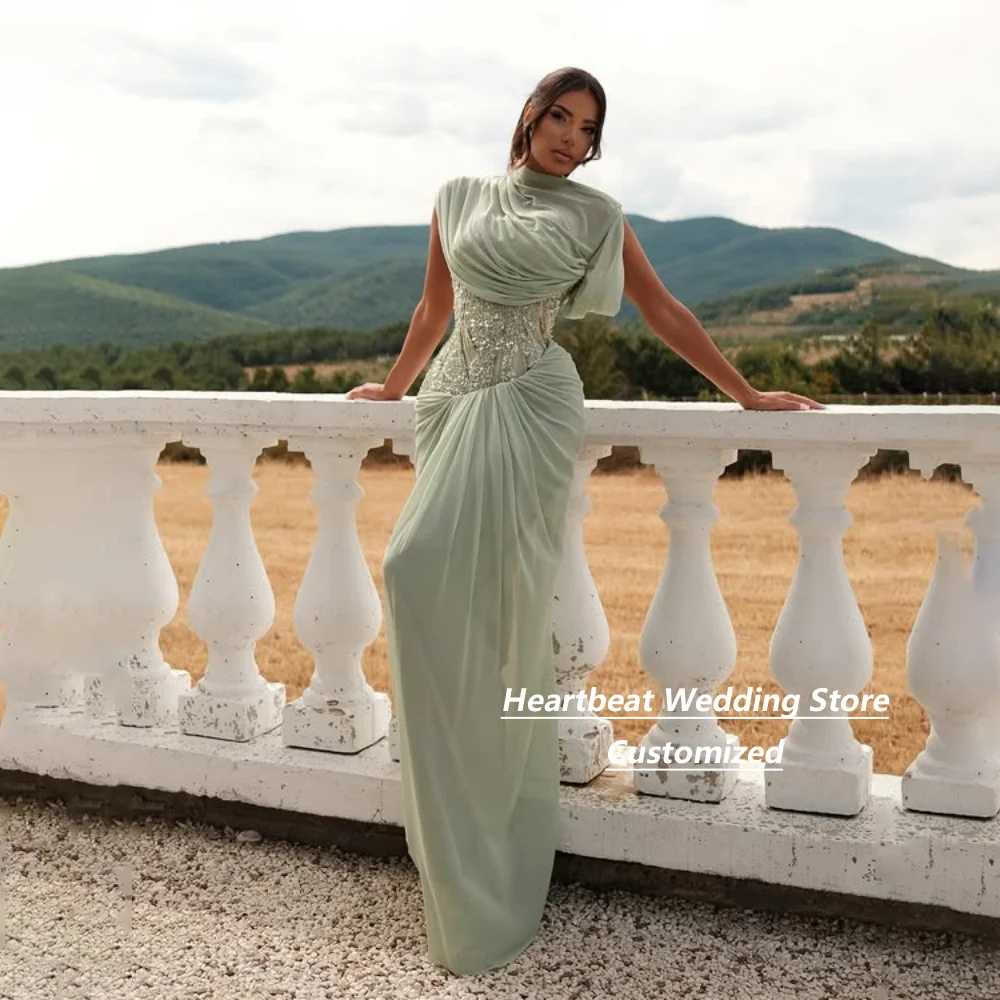 Customized Sage Green Chiffon Evening Dresses High Neck Draped Cape Sleeve Sparkly Rhinestone Corset Backless Mermaid Maxi Gown