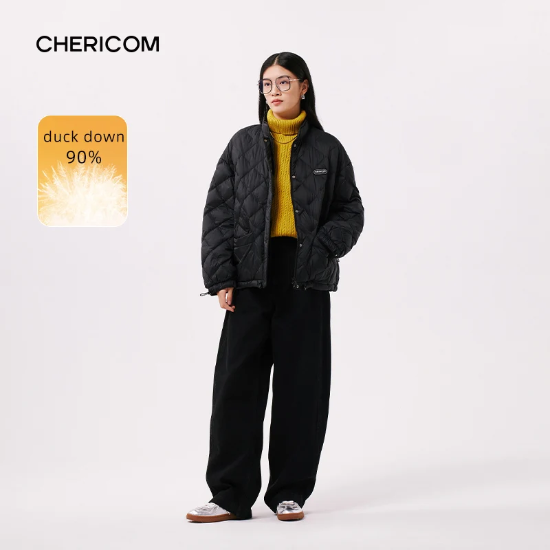 Chericom short stand-up collar plaid down jacket double-sided pocket design women's winter fashion casual long-sleeved coat