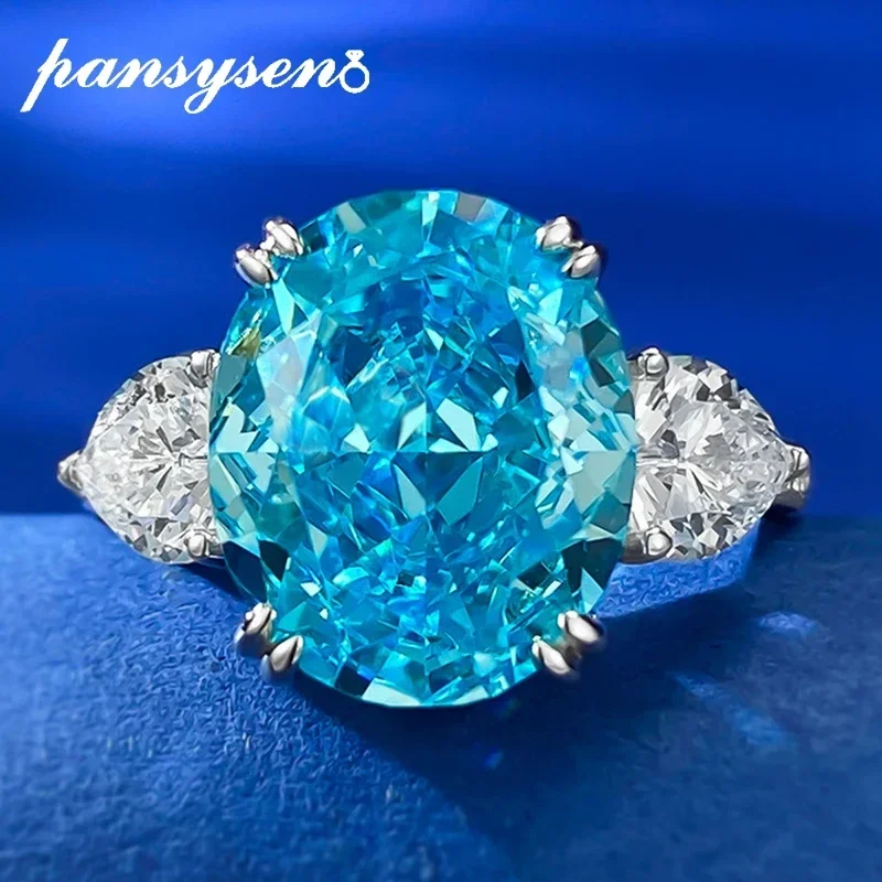 

PANSYSEN Trendy 925 Sterling Silver Crushed Ice Cut 10x12MM Aquamarine Rings for Women Wedding Engagement Jewelry Ring Wholesale