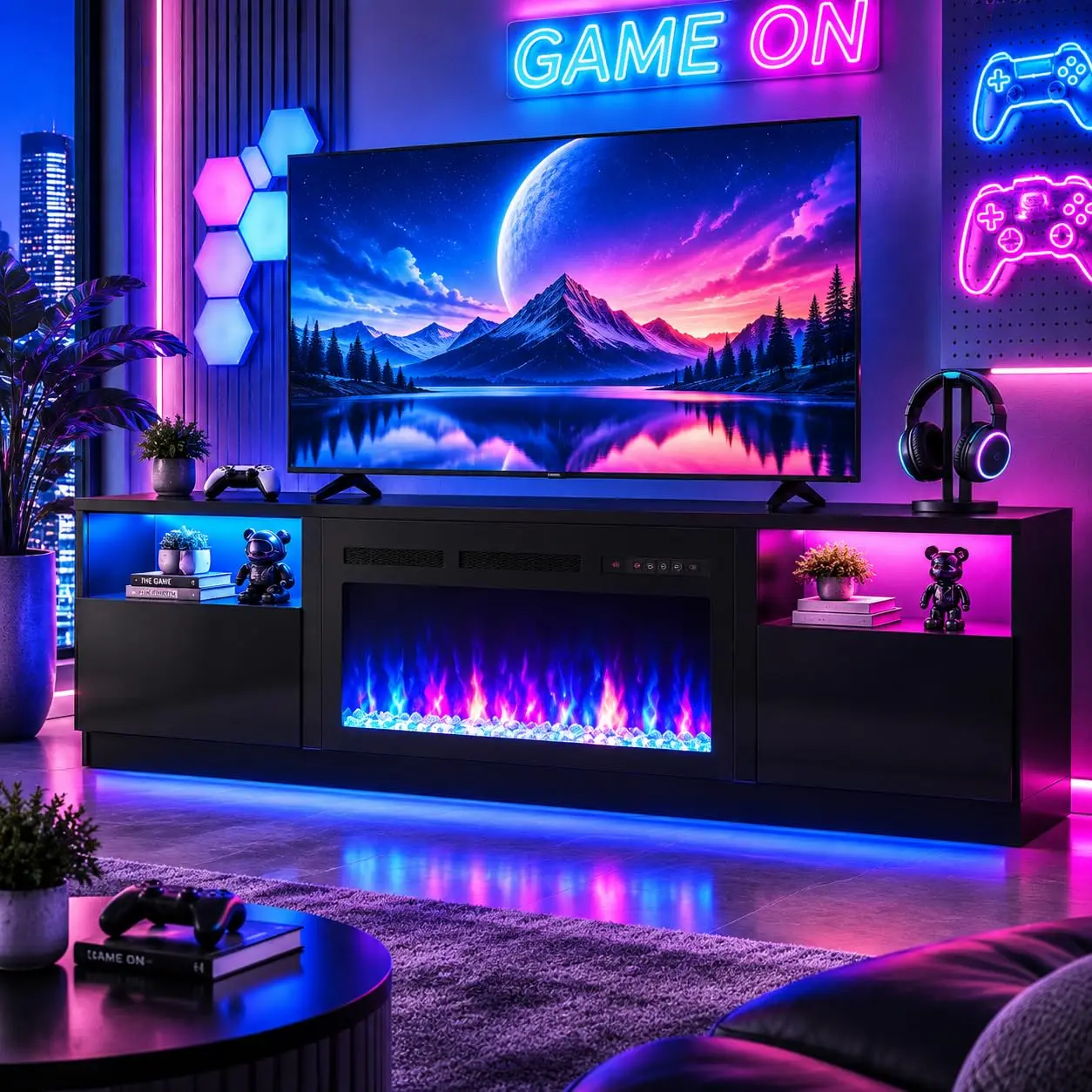 70 Inch TV Stand with 36 Inch Fireplace Black for Living Room