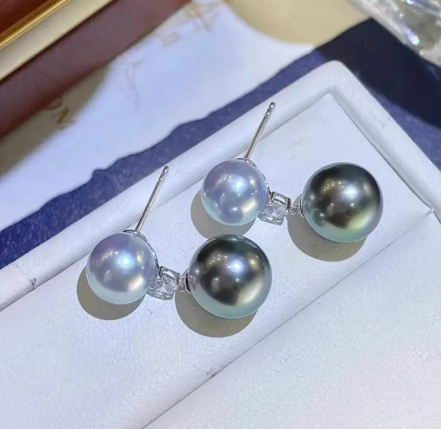

New Design Pair of 7-8mm 10-11mm natural south sea gold white black round pearl earring 925s
