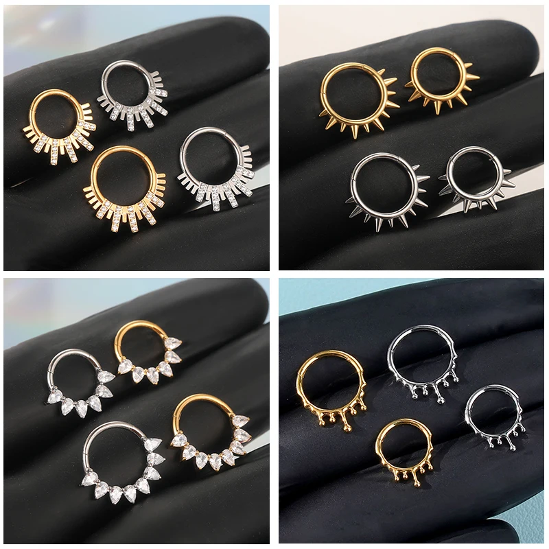 

1/5PCS Titanium 16G CZ Hinged Clicker Segment Hoop Ring 8mm CZ Daith Earring Cartilage Conch Tragus Septum Nose Piercing Jewelry