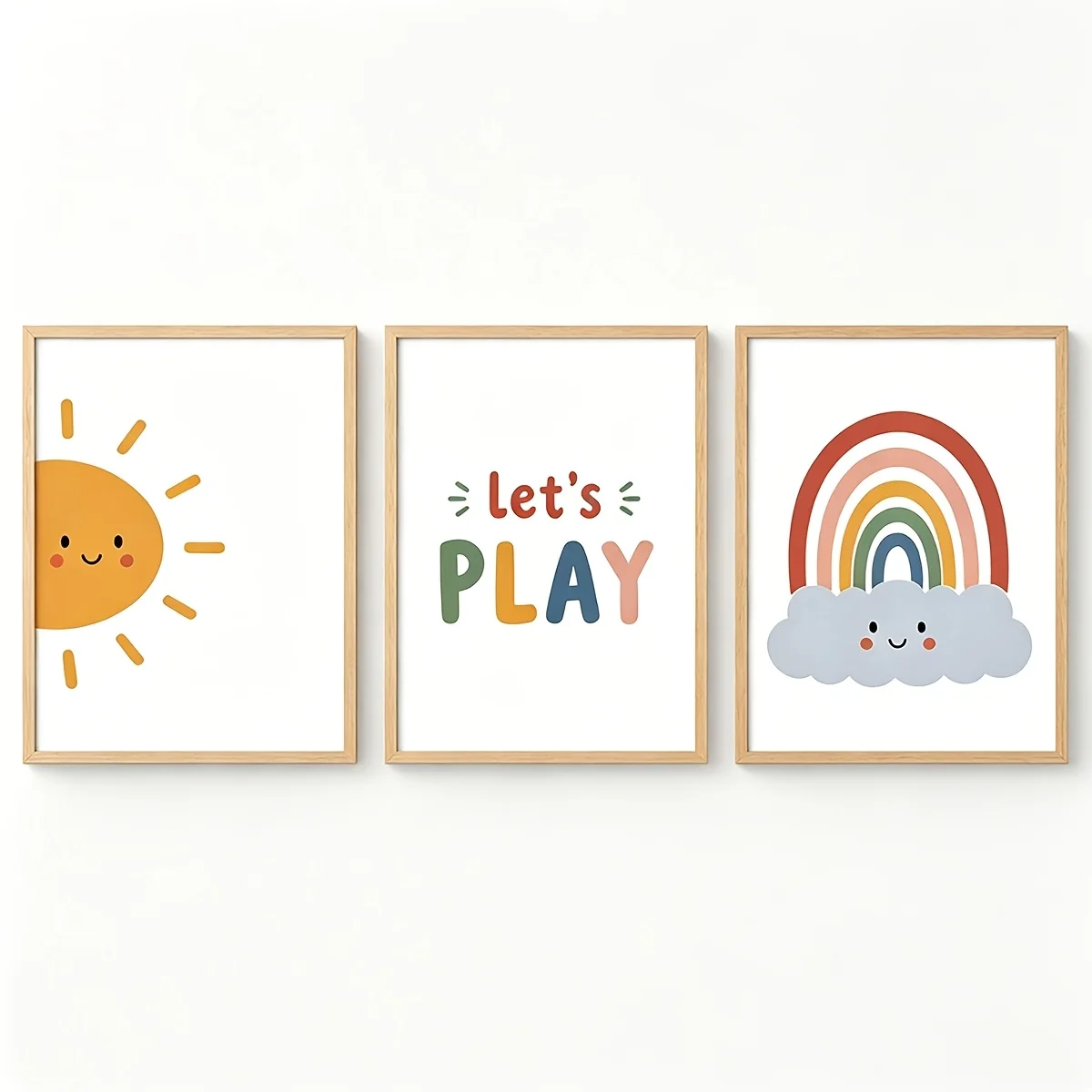 （NoFrame 3PCS)-2D Flat, Posters And Prints Soft Earth Tone Kawaii Nursery Poster Pack, Easy Cartoon Happy Sun Cloud Rainbow I