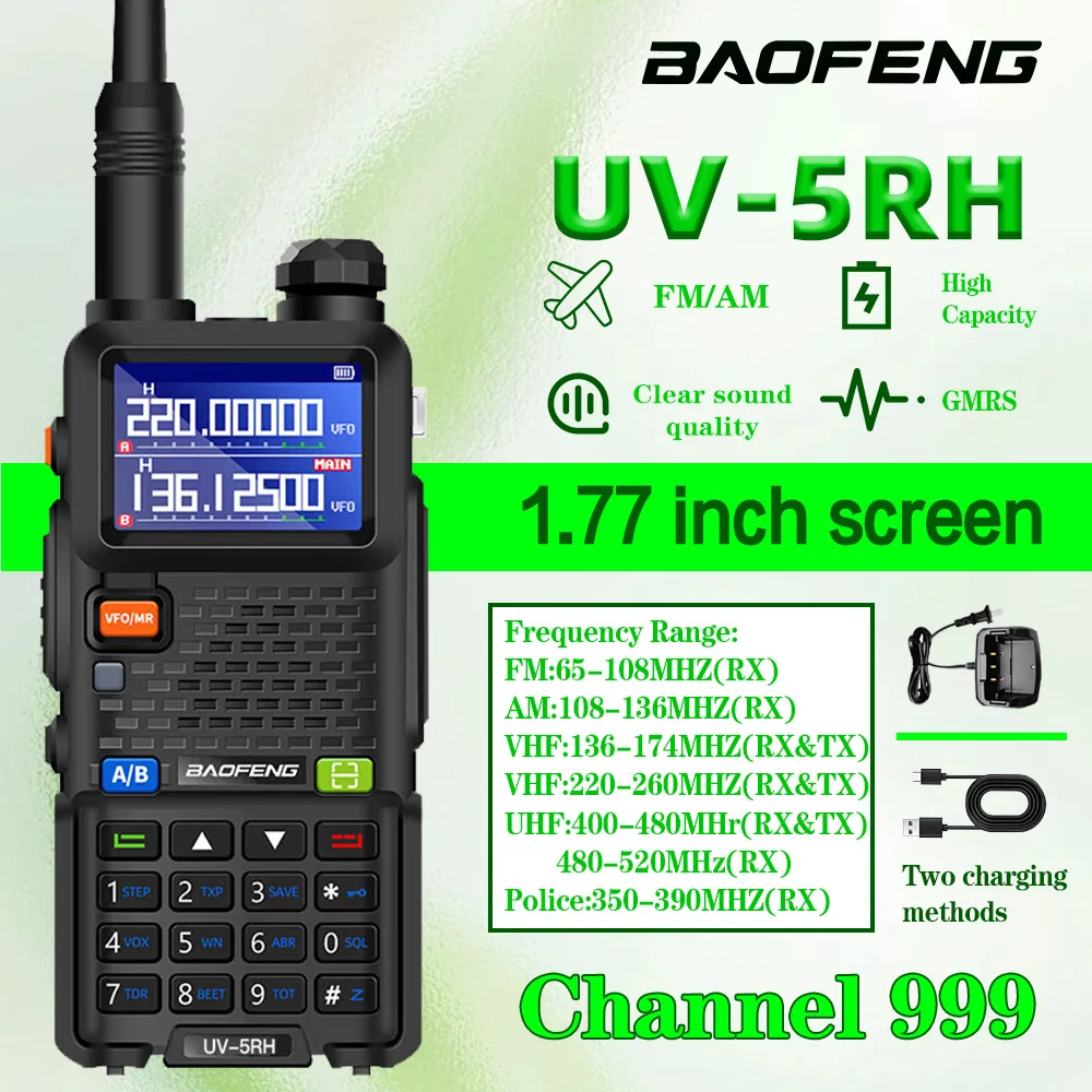 

1PC Baofeng Original UV-5RH Long Range Walkie Talkie 10W Air Band Multifunctional 999 Channels Vhf UHF Dual Band Portable Radio