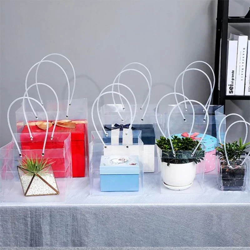 Transparent Trapezoidal Flower Bouquet Packaging Bags Valentine's Day Potted Plant Cake Handbag Flower Gift Portable PVC Bag