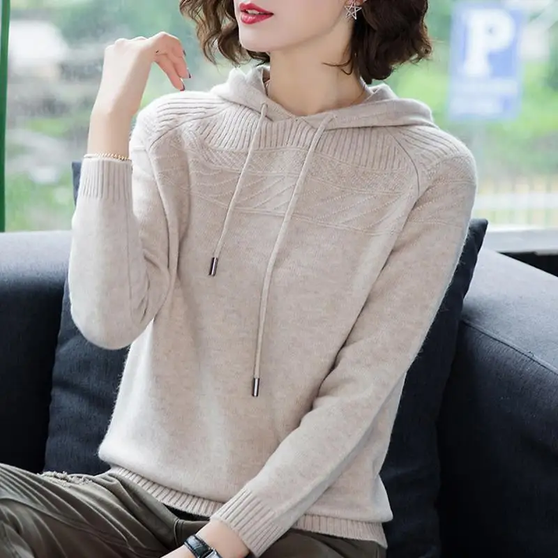 Spring Autumn Women's Knit Hoodie Loose Long Sleeve Pullover Top Knitwear Female Solid Color Casual Versatile Hooded Sweater