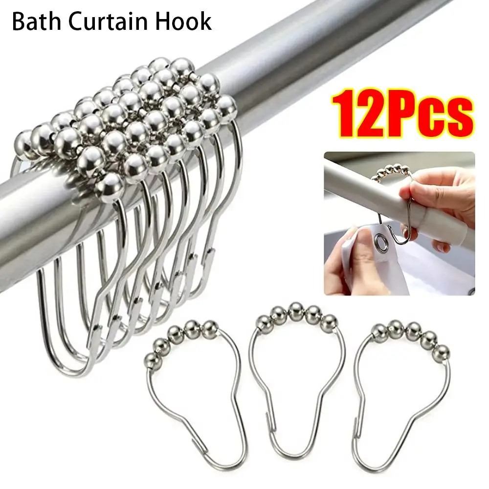 12Pcs Nickel Plating Ball Bath Curtain Hooks Buckle Antirust Rollerball Rings Hook Bathroom Accessories Shower Curtain Rings