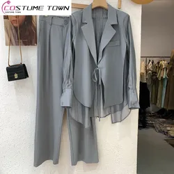 Summer New Hollow Sun Protection Chiffon Shirt Blazer Wide Leg Pants Two Piece Set Elegant Women's Pants Set Office Outfits