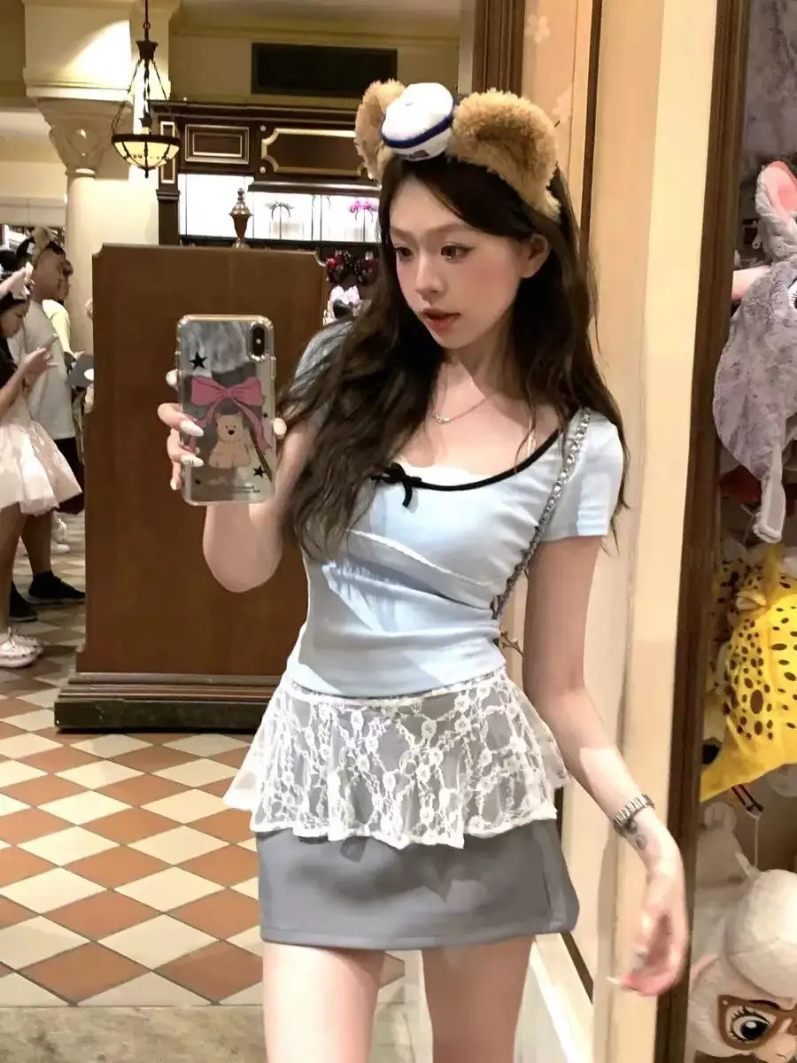 

2024 Summer New Sweet Girls 3pcs Skirt Sets Lace Halter Neck Vest + Short Sleeve Slim T-shirt + High Waist A Line Mini Skirt