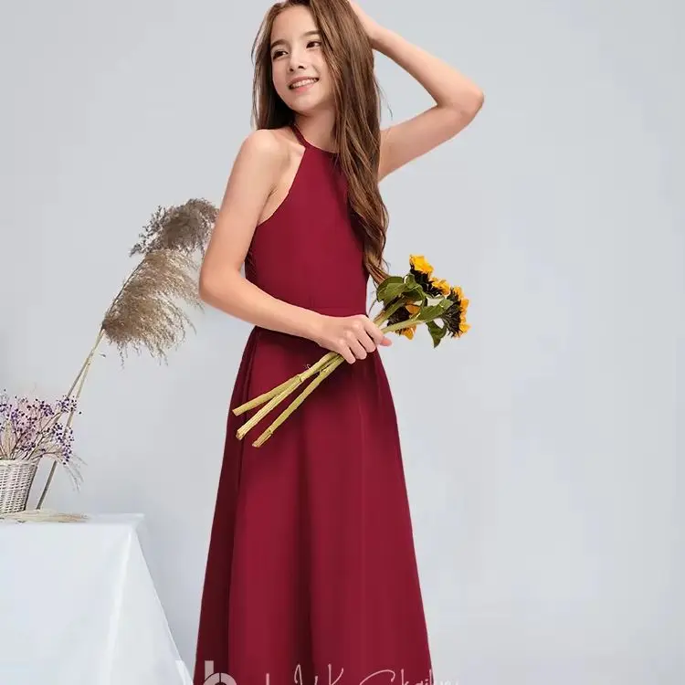 PSM A-line Halter Floor-Length Chiffon Junior Bridesmaid Dress Burgundy Flower Girl Dress Summer Graduation Party Dress Guest
