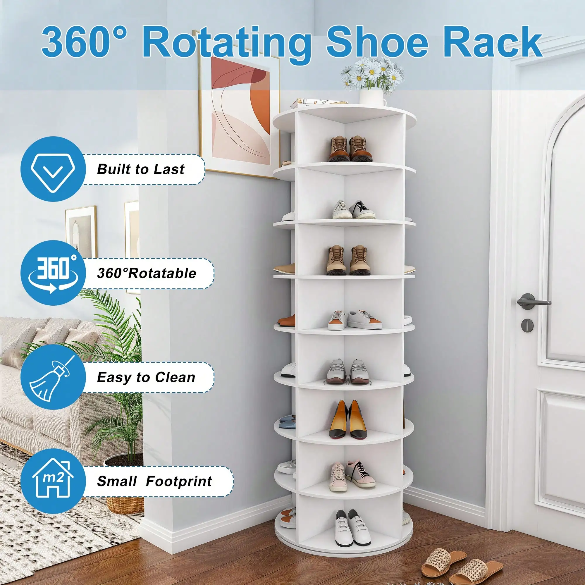 Rotating Shoe Rack Tower 8-Tier, 360° Free Standing Revolving Shoe Organizer, Holds 32 Pairs, Space-Saving Spinning Shoe Storage For Entryway/Closet, Sturdy PVC Construction, Tool-Free Assembly, White