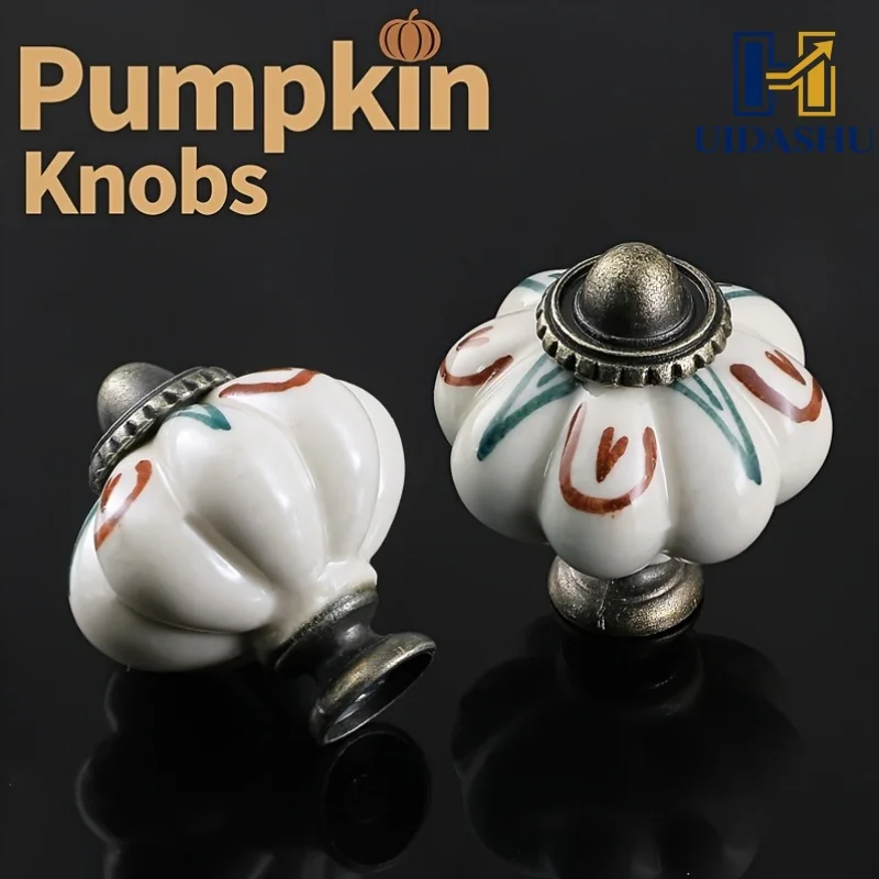 6Pcs Ivory Ceramic Pumpkin Knobs Floral Cabinet Drawer Handles Vintage Dresser Wardrobe Door Pulls Furniture Knobs
