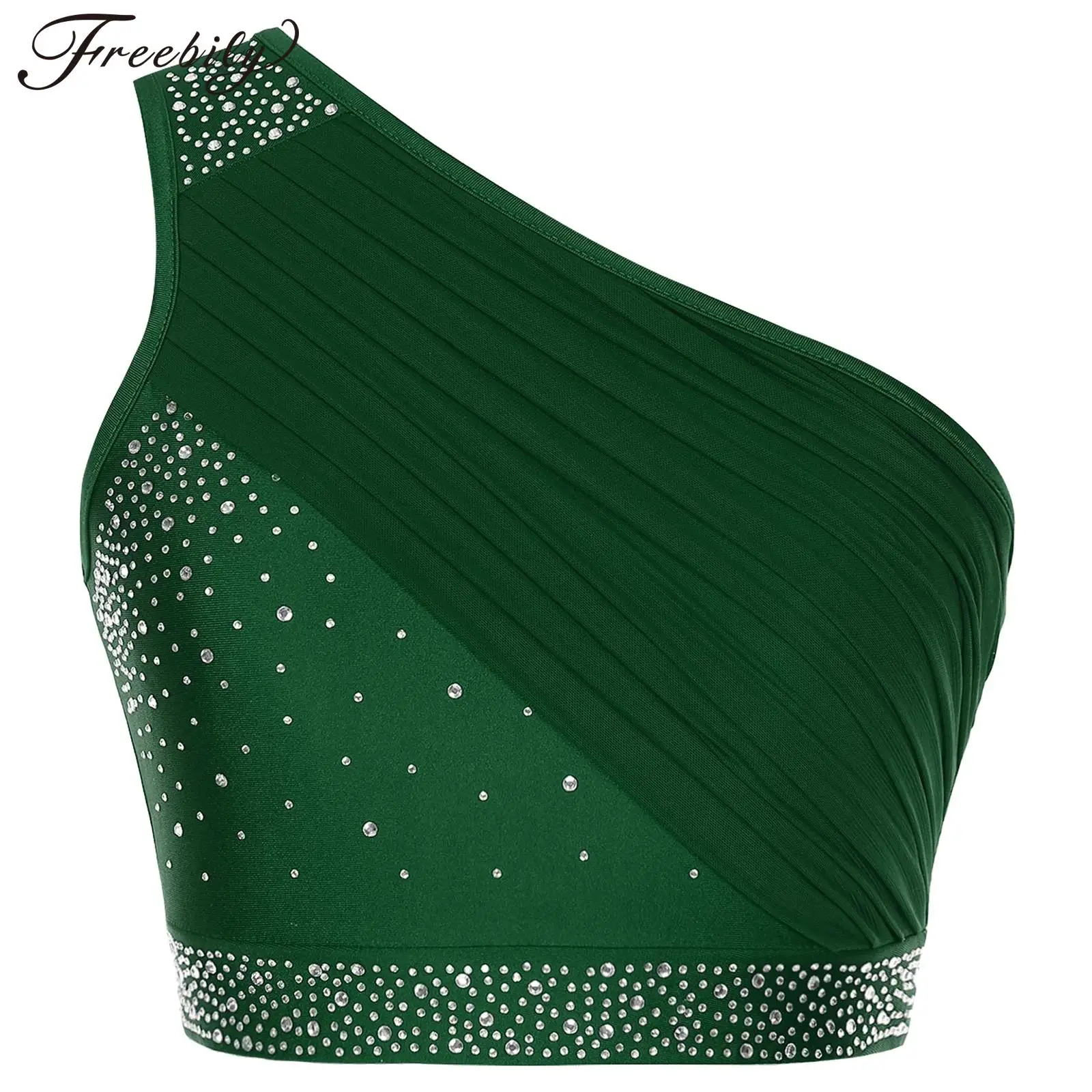 

Women Modern Lyrical Dance Costume One Shoulder Ruched Mesh Rhinestone Crop Top for Figure Skating Gymnastics Ballroom Dancing