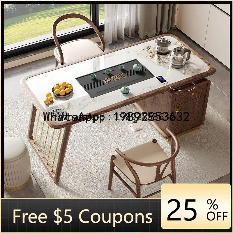 

F2 Solid Wood Tea Table Rock Board Kung Fu Tea Table Home Multifunctional White Wax Wood Zen Balcony Tea Table and Chair Set