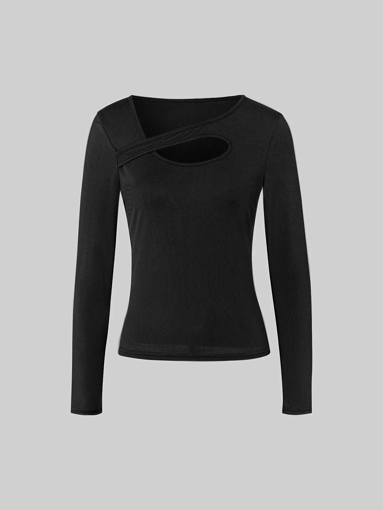 بلوزة نسائية بأكمام طويلة ومضلعة باللون الأسود مع تفاصيل غير متماثلة - ملابس أنيقة ومثيرة #3