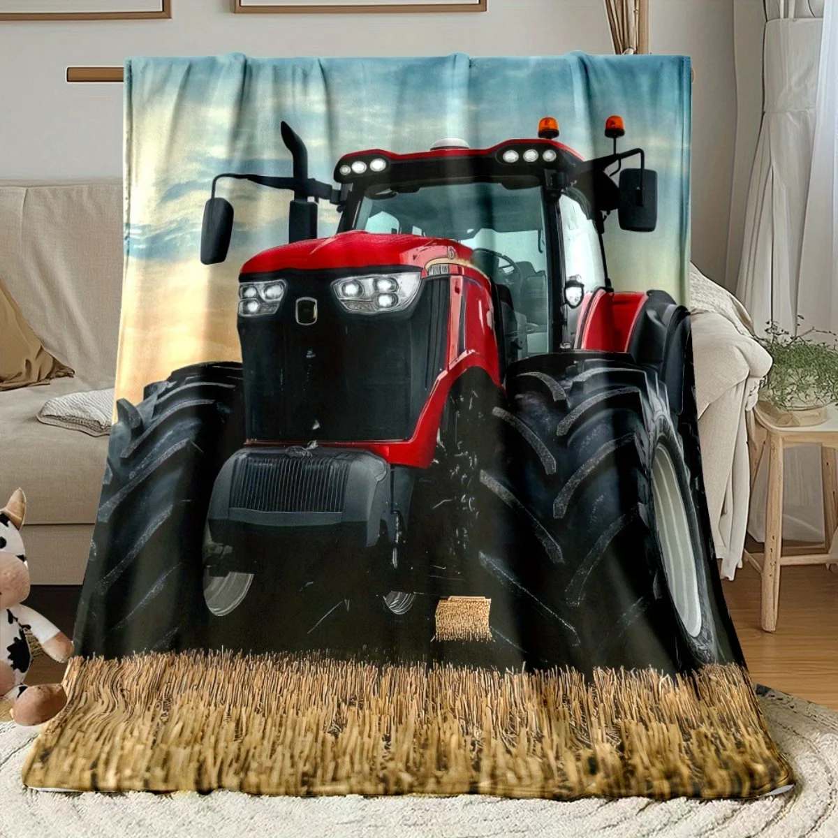 Customize 1pc Farm Tractor Throw Blanket - Red Farm Tractor in Field Design, Soft Warm Lightweight Flannel All-Season Indoor/Out