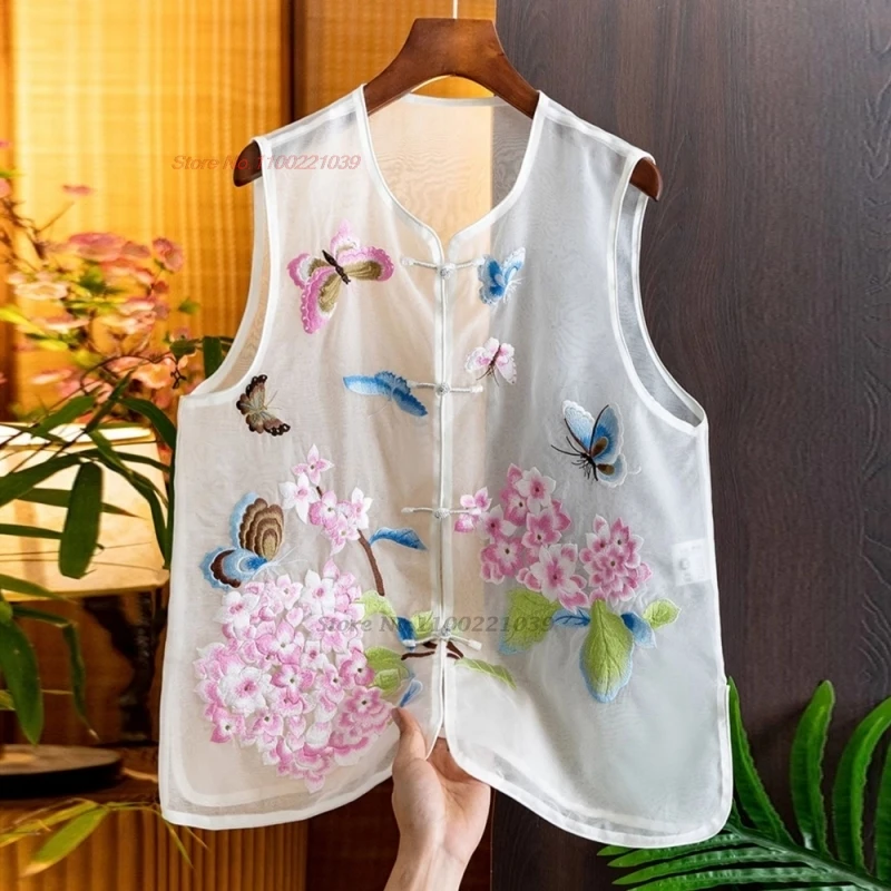 

2024 chinese vintage vest national flower embroidery lace chiffon vest hanfu tops vintage sleeveless jacket ethnic waistcoat