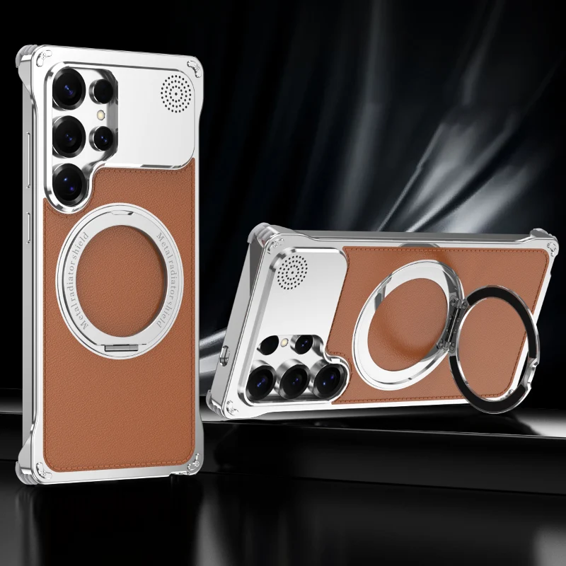 

Magsafe Magnetic 360° ° Вращающийся металлический кронштейн с кольцом, не граненый кожаный чехол для телефона с ароматерапией для Samsung S25 Ultra, задняя крышка