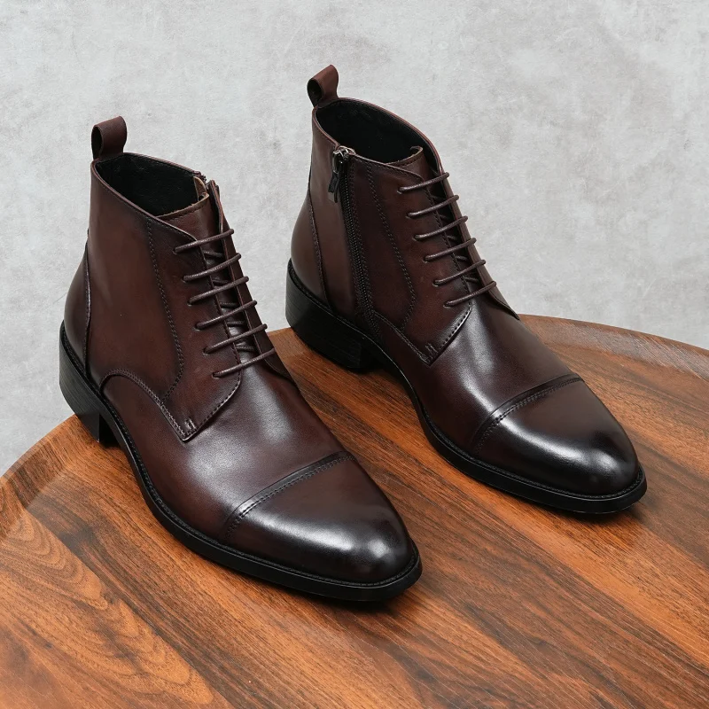 

Men’s Genuine Cow Leather Boots Banquet Business Laces Suits Cowhide Black Luxury Shoes Man Winter