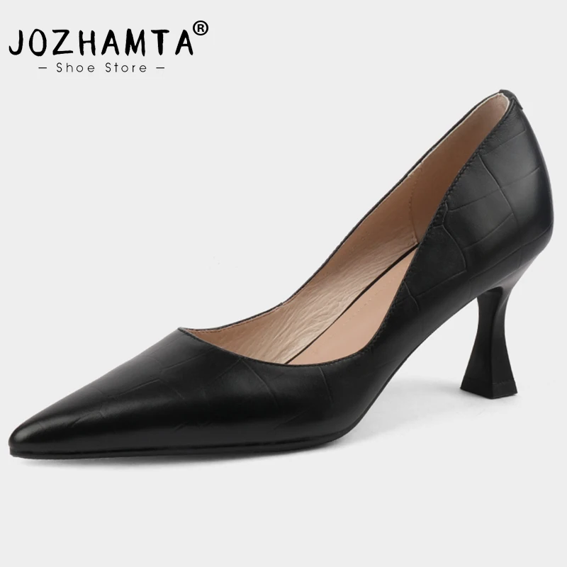 JOZHAMTA Size 34-39 Real Leather Women Pumps Ins Fashion 2023 Spring High Heels Shoes For Women Sexy Solid Office Lady Footwear