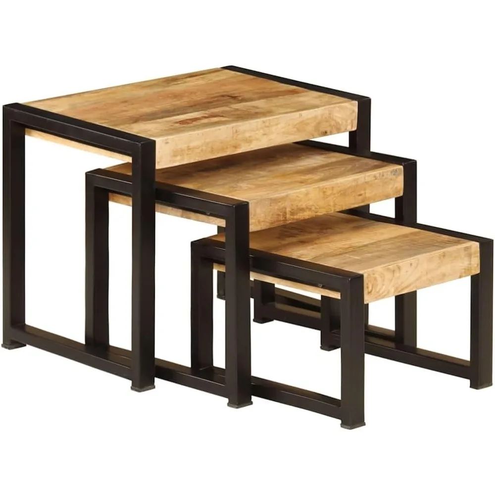 مجموعة طاولات متداخلة من خشب المانجو العتيق مكونة من 3 قطع بتصميم قابل للتكديس، ولمسات سوداء لاستخدام غرفة المعيشة #5