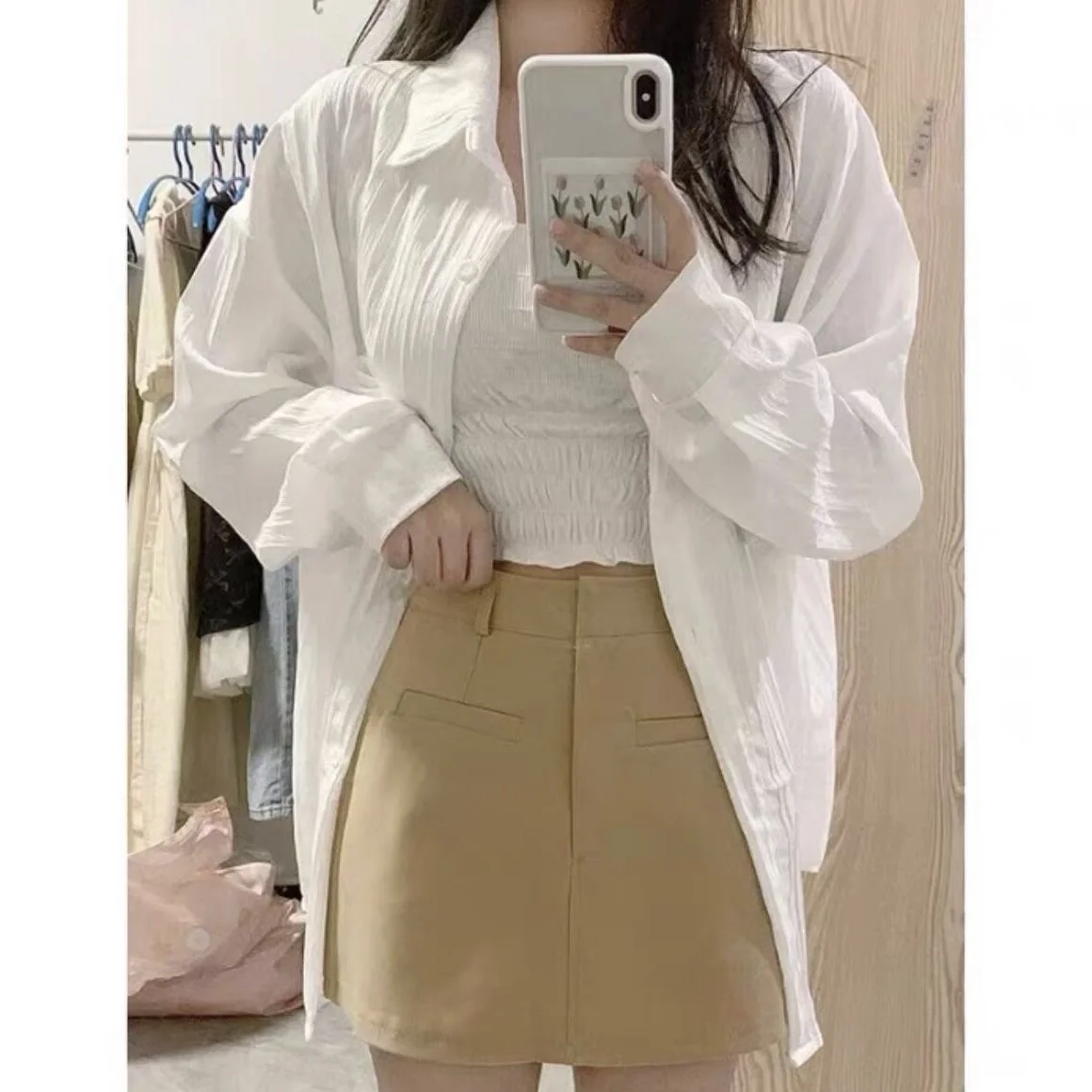 

Long Sleeve Shirts Womens Cotton Plaid Relaxed Fit Stand Collar Minimalist Feminine Green Travel Daily Spring Outfit