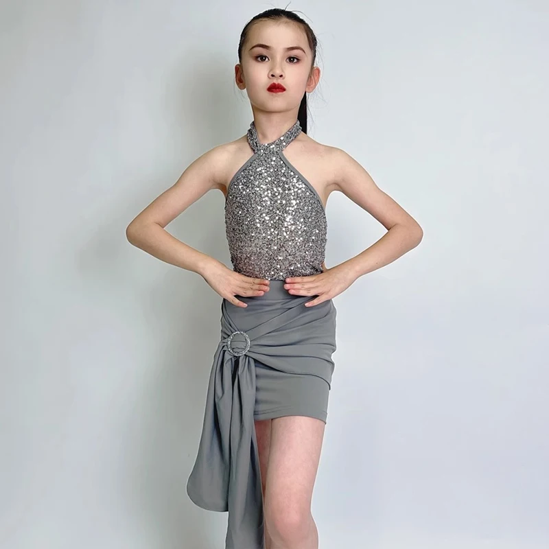 ملابس رقص اللاتينية فتاة قاعة الرقص فستان رقص زي بلا أكمام الترتر القمم مجموعة الاطفال الحديثة كرنفال اللاتينية Dancewear XH2640