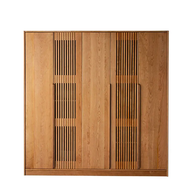 Cherry wood log grille large wardrobe oak, solid wood Nordic style modern simple Japanese bedroom wardrobe