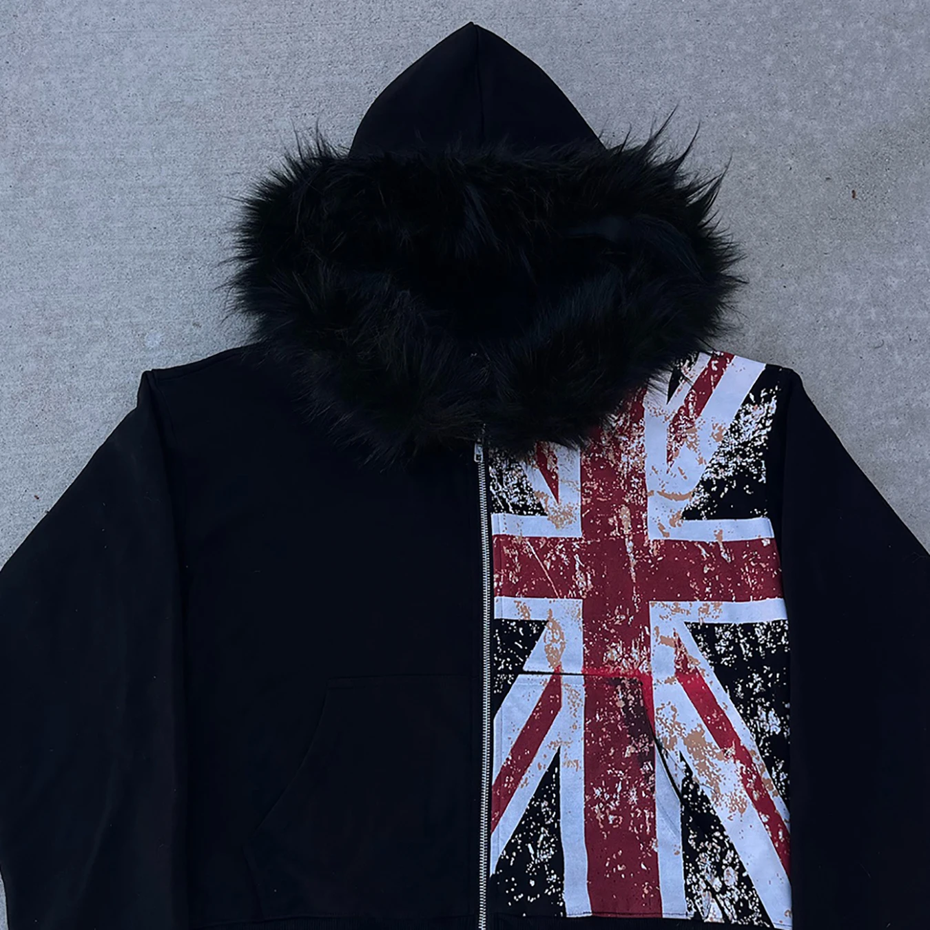 Autumn and Winter vintage British Flag Print Faux Fur Collar Zipper Design Loose-Fitting Hooded Cardigan