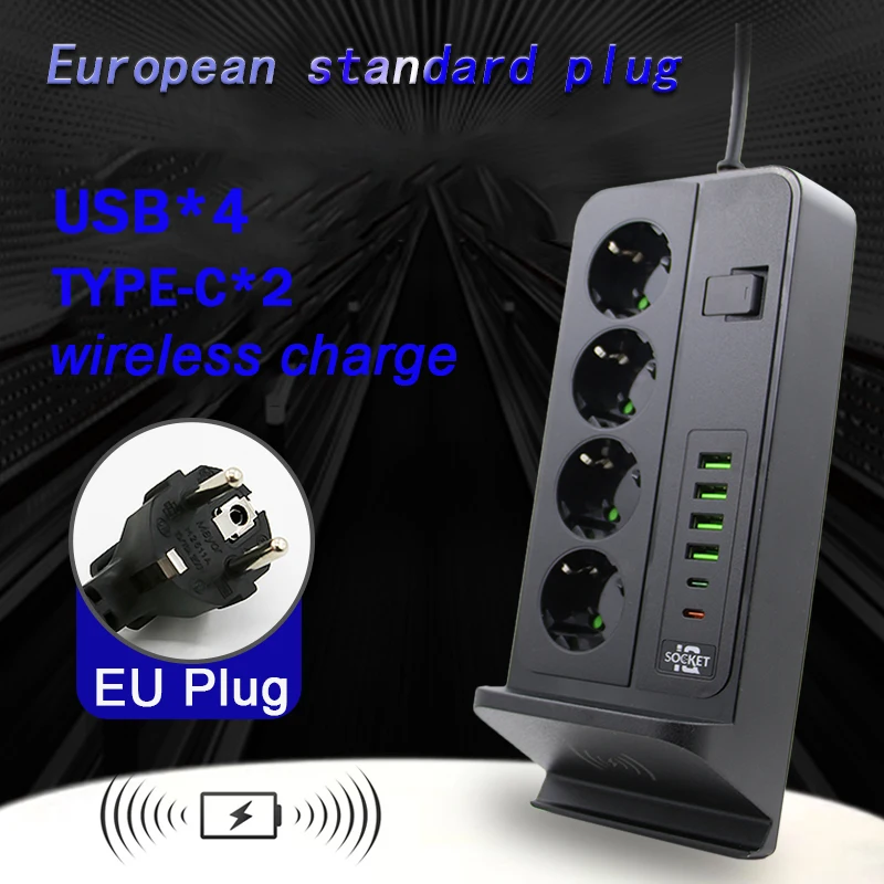 EU Plug AC listwa elektryczna Multiprise przedłużacz do telefonu gniazdo elektryczne bezprzewodowego ładowania sieci filtr USB 24H rozrząd