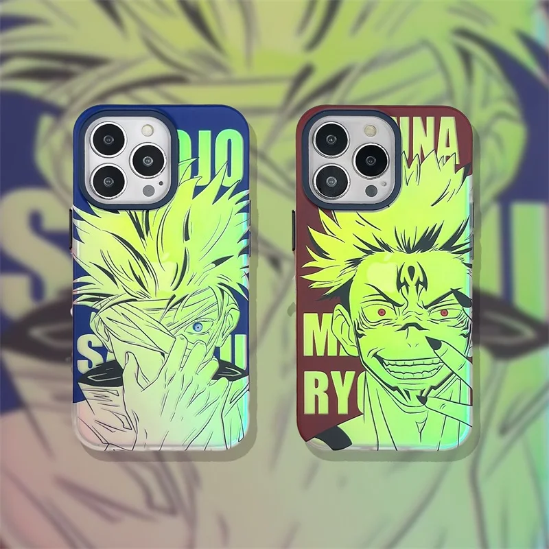 Cute Japan Anime Jujutsu Kaisen Ryomen Sukuna Phone Case For iPhone 15 14 13 12 11 Pro Max Cartoon Gojo Aurora Laser Back Cover