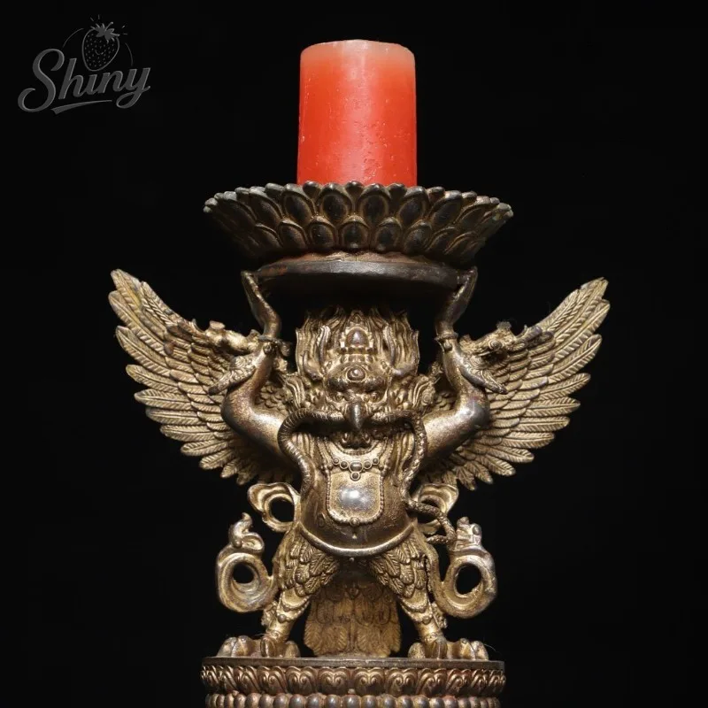Antique Tibetan Buddhism Golden-winged Dapeng Statue Lotus Candle Holder Buddhist Shrine Sculpture Ornaments Buddhist Supplies