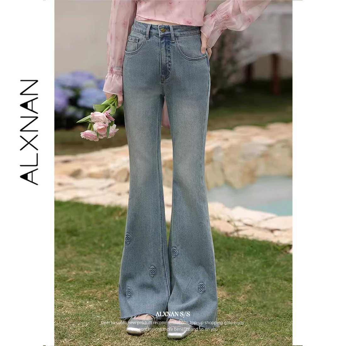 

ALXNAN Women's Jeans Vintage Camellia Embossed Slim Flare Jeans 2026 Summer New Cotton Fashion Elegant Baggy Denim Pants L53329