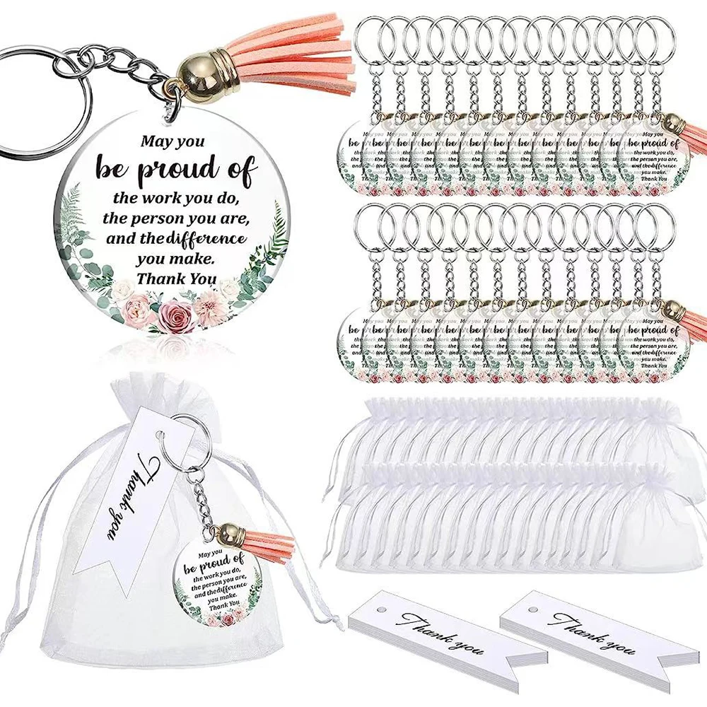 48set Thank You Gift Inspirational Keychains Acrylic Keychain with Tassels Organza Bags for Teacher Birthday Graduation Gift