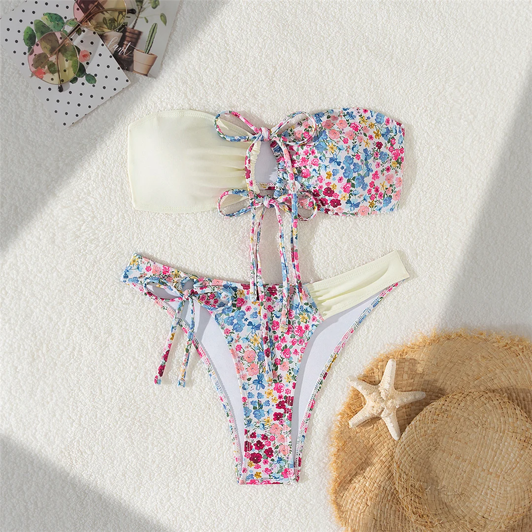Sexy Blumenmuster-Bandeau-Bikini mit Splicing-Design, Damen-Badebekleidung, zweiteiliger Bikini-Set, Badeanzug, Badebekleidung, Schwimmanzug V6029 – Detail 7