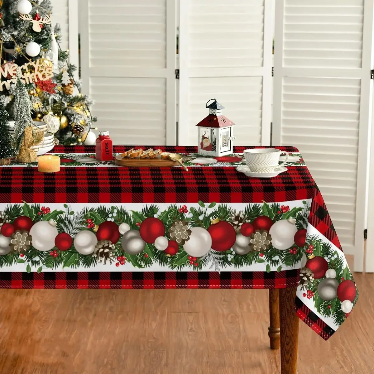 

Christmas Ball Ornaments Red Bufalo Plaid Rectangle Tablecloth Dining Room Decor Reusable Table Cover Xmas Party Decorations