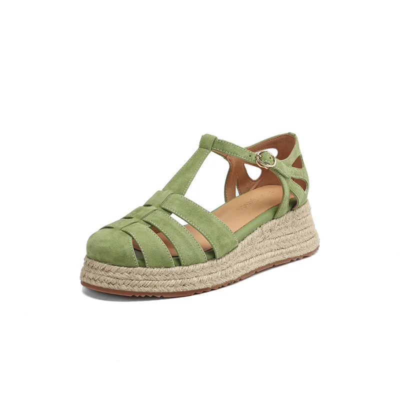 

Women’s Suede Wedge Sandals Shoes Sheepsuede Thick Platform Cover Heel Lady Summer Hemp Espadrilles Sandals T-Strap Holow Shoes
